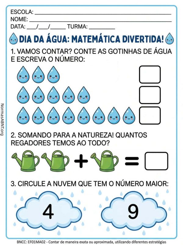 atividade matemática 1 ano EF: dia da água, matemática divertida