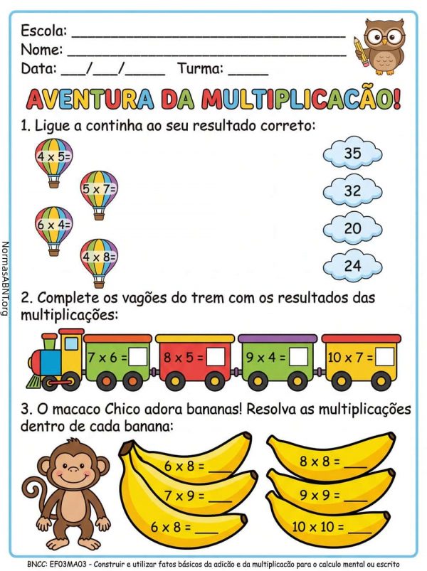 atividade de matemática de 3º ano EF com questões de multiplicação