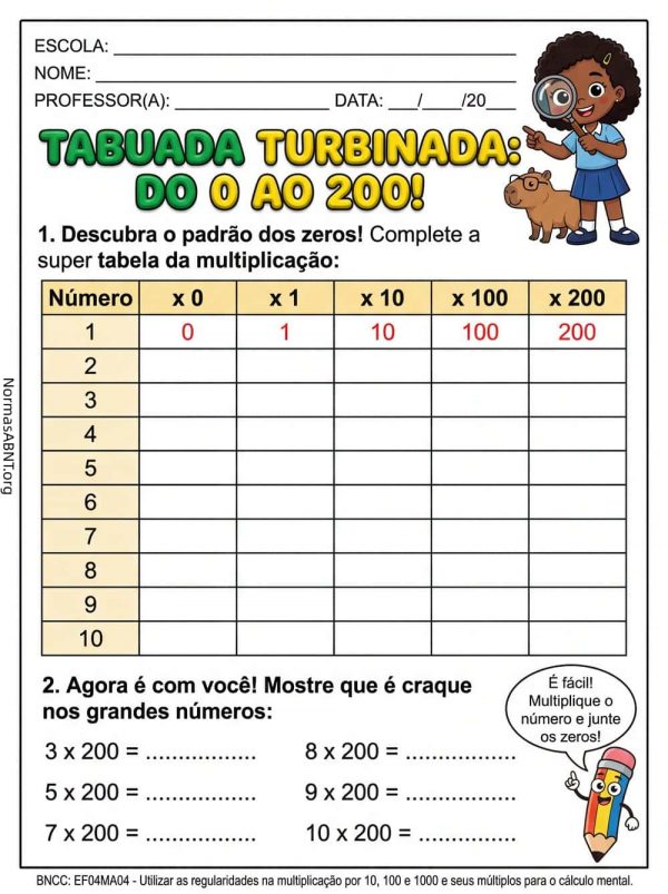 Tabuada do 0 ao 200, folha de atividade matemática para 4º ano do EF