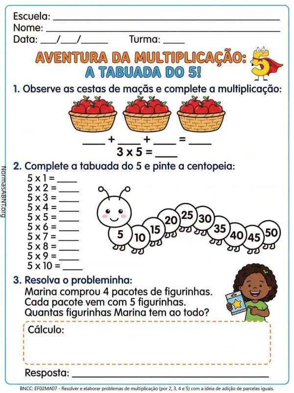 A tabuada do 5, matemática de multiplicação para 2º ano EF