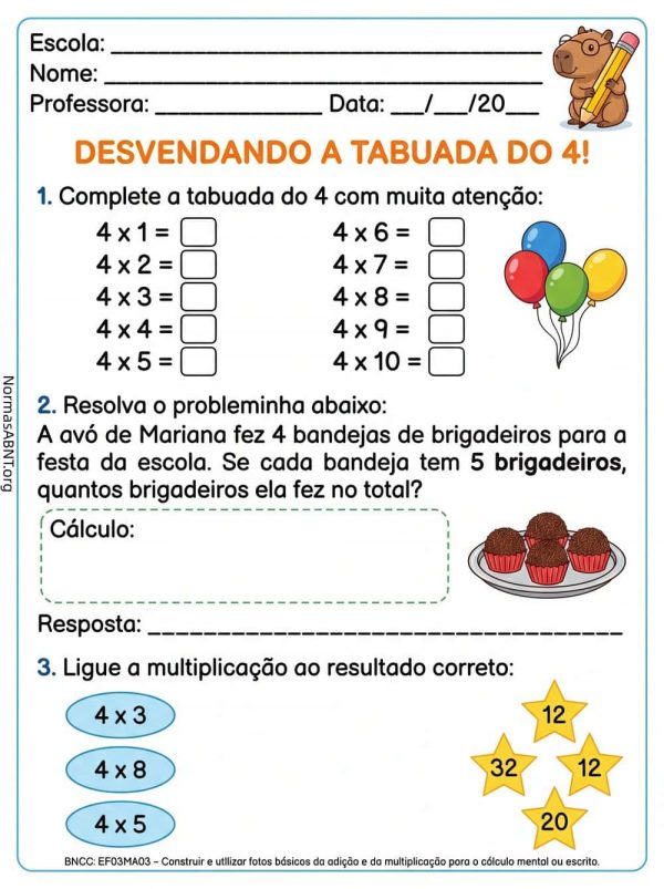 atividade de matemática para 2 ano do EF, tabuada do 4