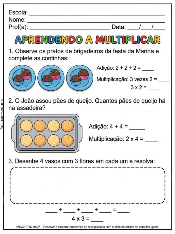 atividade de matemática de 2 ano ef sobre multiplicação, três questões