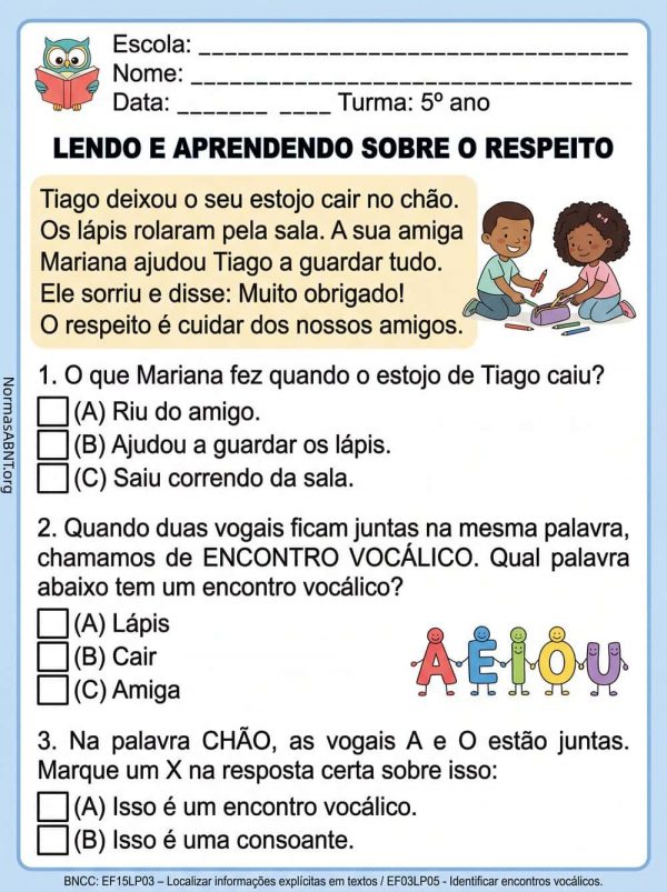 atividade sobre respeito, com texto e três questões, para ensino fundamental