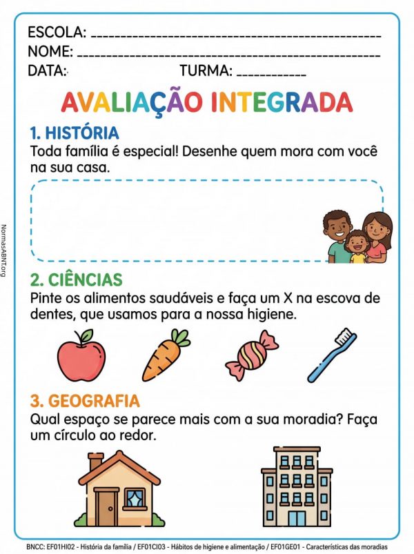 atividades avaliação de história, ciência e geografia do 1 ano do EF