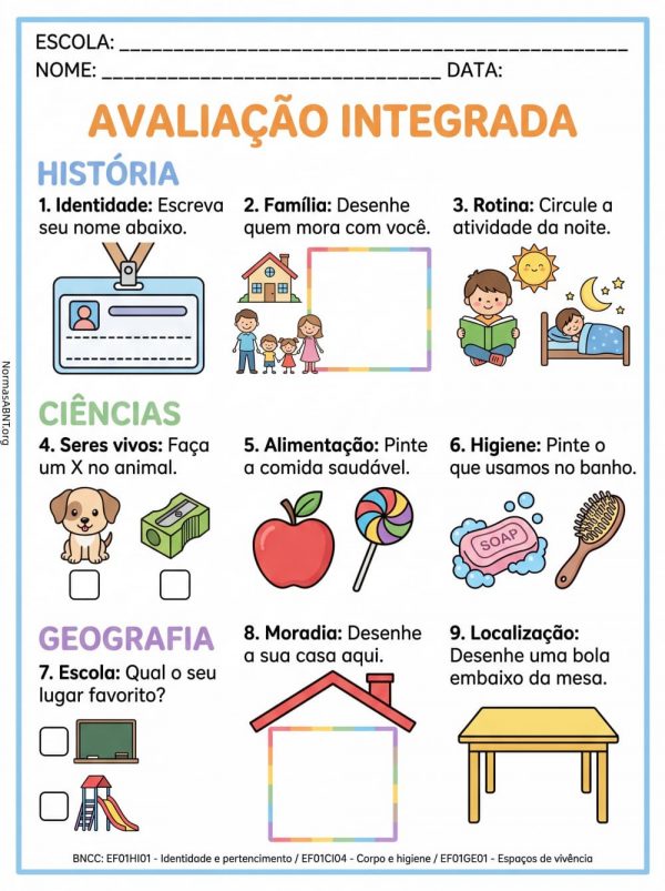 Atividade de avaliação de história ciências e geografia do 1 ano EF