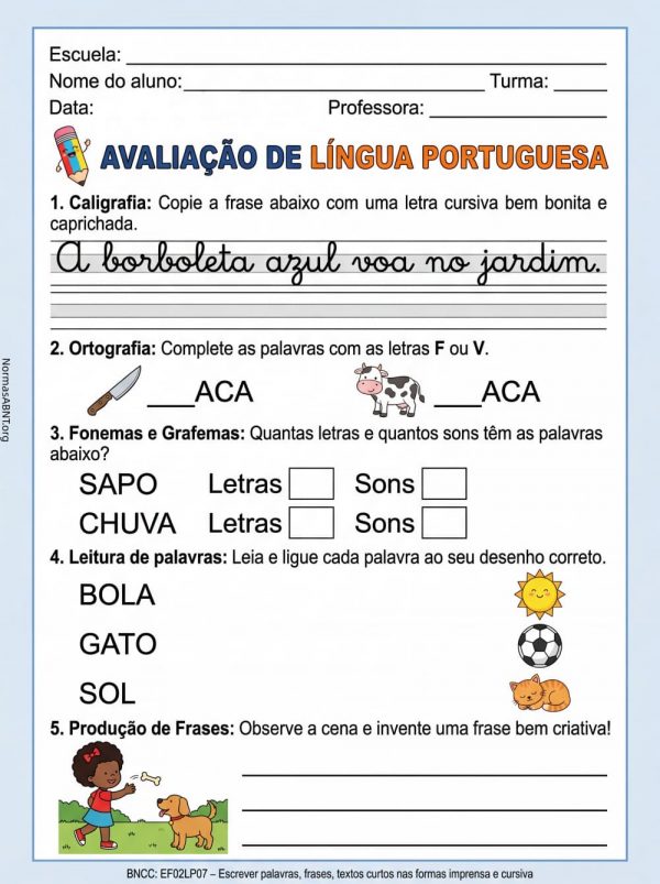 avaliação de língua portuguesa para 2 ano do EF