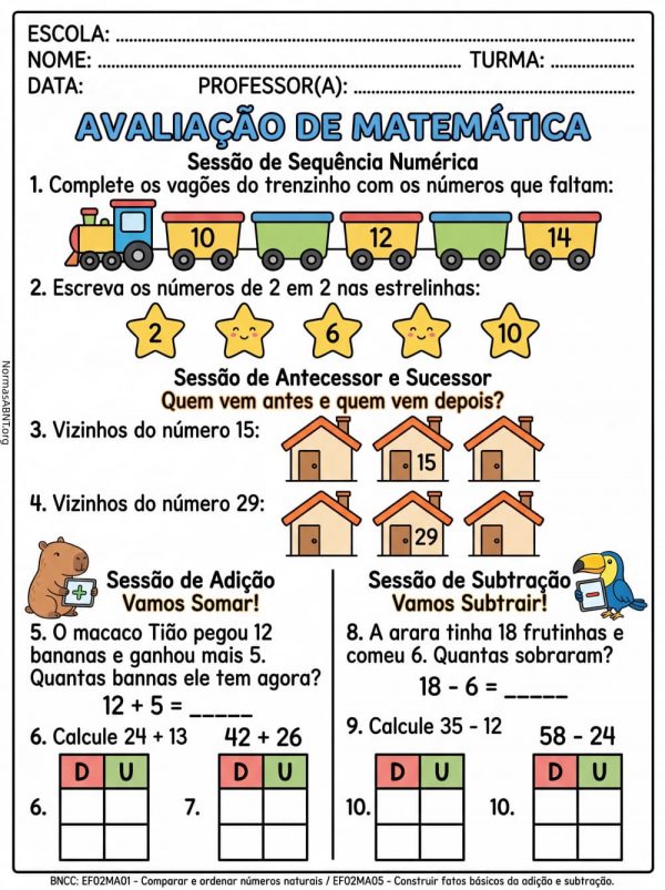 avaliação de matemática do 2 ano do EF, sobre sessão de sequência numérica
