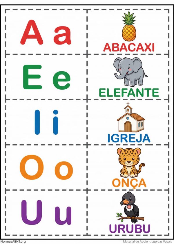 vogais com palavras e imagens (ABACAXI, ELEFANTE, IGREJA, ONÇA, URUBU)