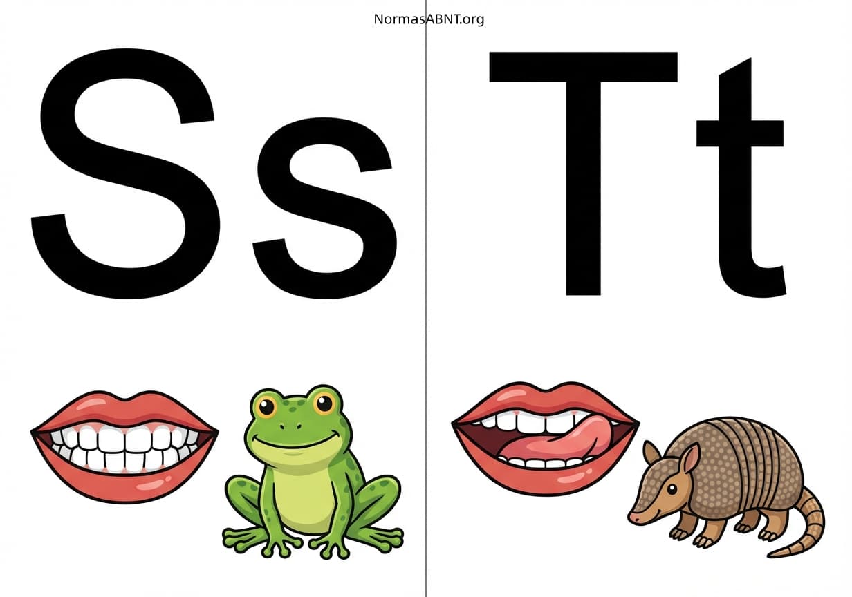 Flashcards para cortar: alfabeto fônico, cartaz com boquinha, letras S, T
