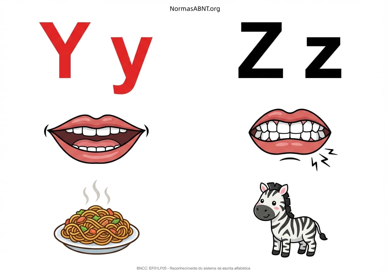 Flashcards para cortar: alfabeto fônico, cartaz com boquinha, letras Y, Z
