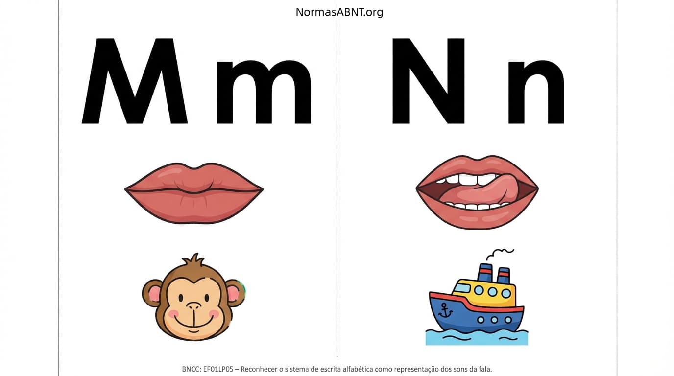 Flashcards para cortar: alfabeto fônico, cartaz com boquinha, letras M, N