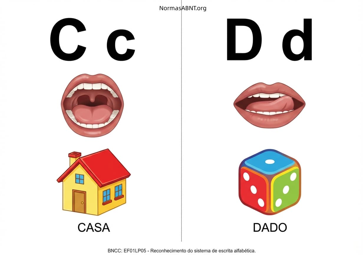 Flashcards para cortar: alfabeto fônico, cartaz com boquinha, letras C, D