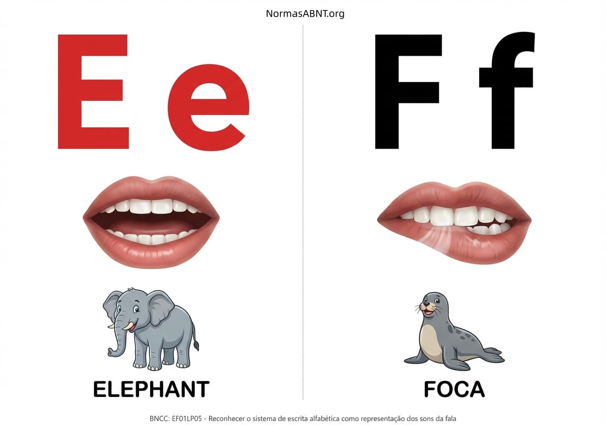 Flashcards para cortar: alfabeto fônico, cartaz com boquinha, letras E, F