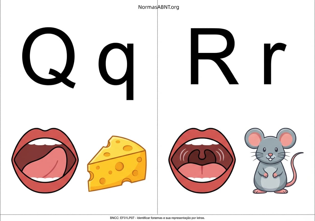 Flashcards para cortar: alfabeto fônico, cartaz com boquinha, letras Q, R