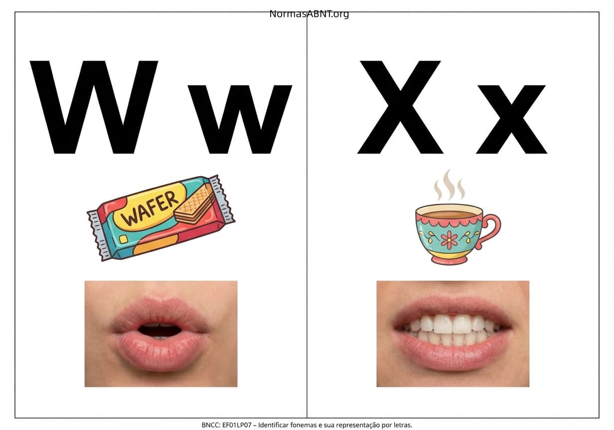 Flashcards para cortar: alfabeto fônico, cartaz com boquinha, letras W, X