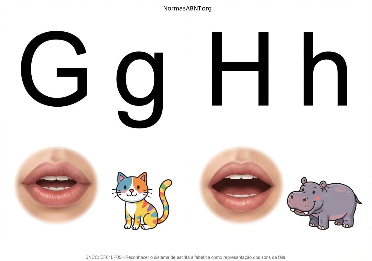 Flashcards para cortar: alfabeto fônico, cartaz com boquinha, letras G, H