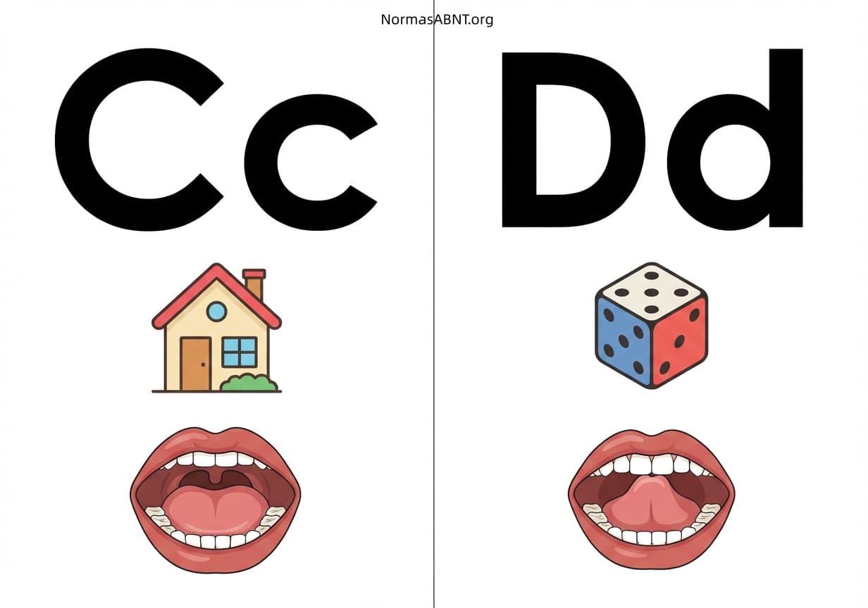 Flashcards para cortar: alfabeto fônico, cartaz com boquinha, letras C, D