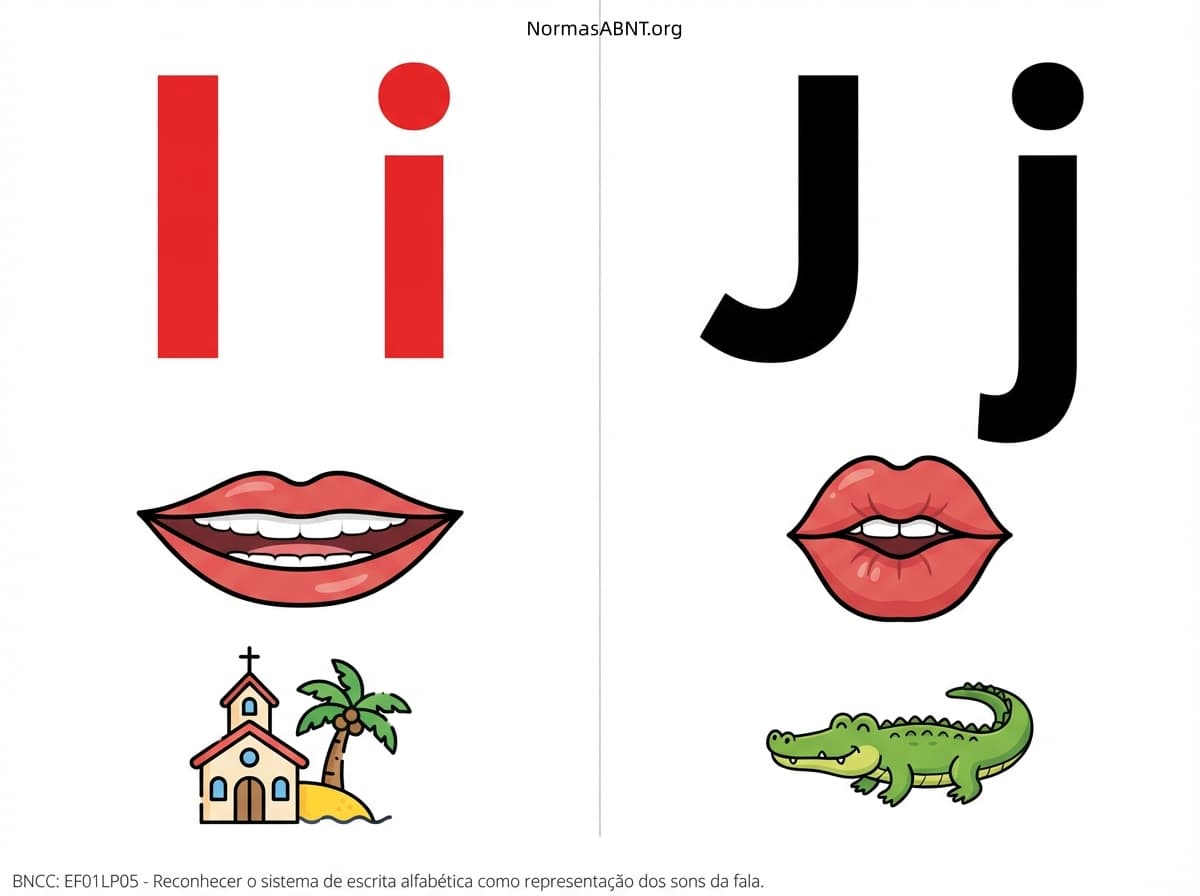 Flashcards para cortar: alfabeto fônico, cartaz com boquinha, letras I, J