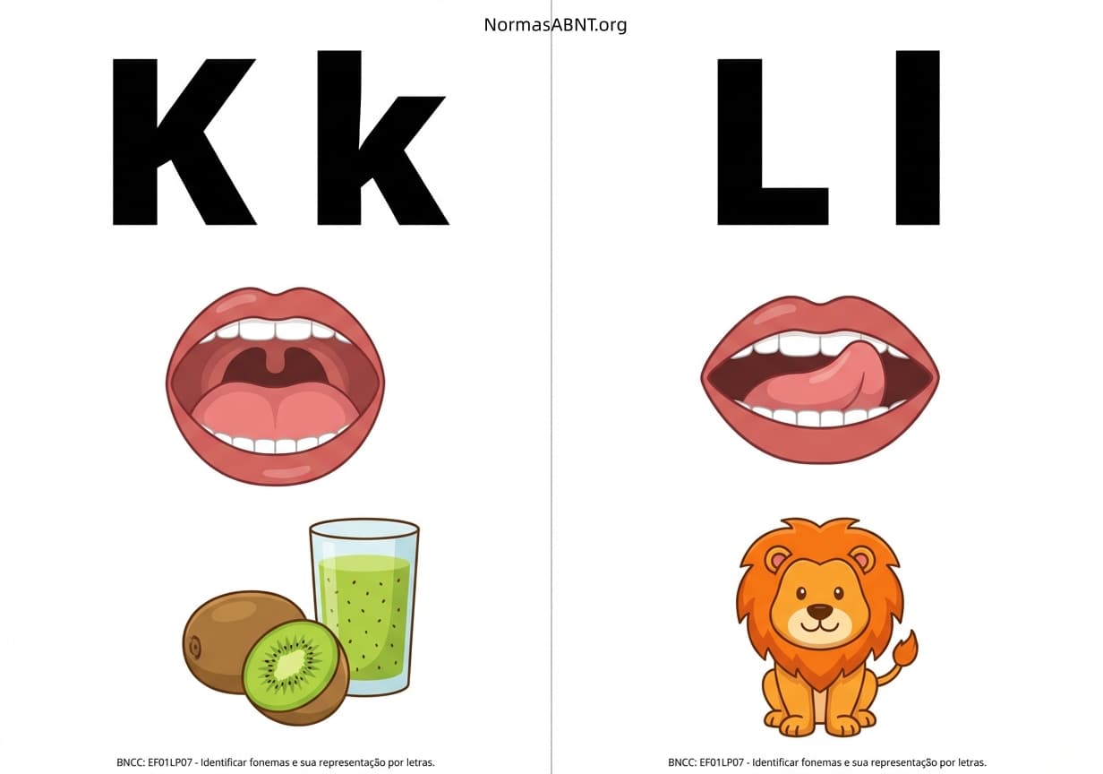 Flashcards para cortar: alfabeto fônico, cartaz com boquinha, letrasK, L
