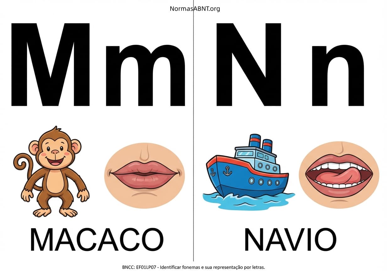 Flashcards para cortar: alfabeto fônico, cartaz com boquinha, letras M, N