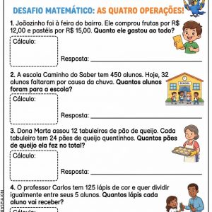 atividade 5º ano matemática com 4 probleminhas