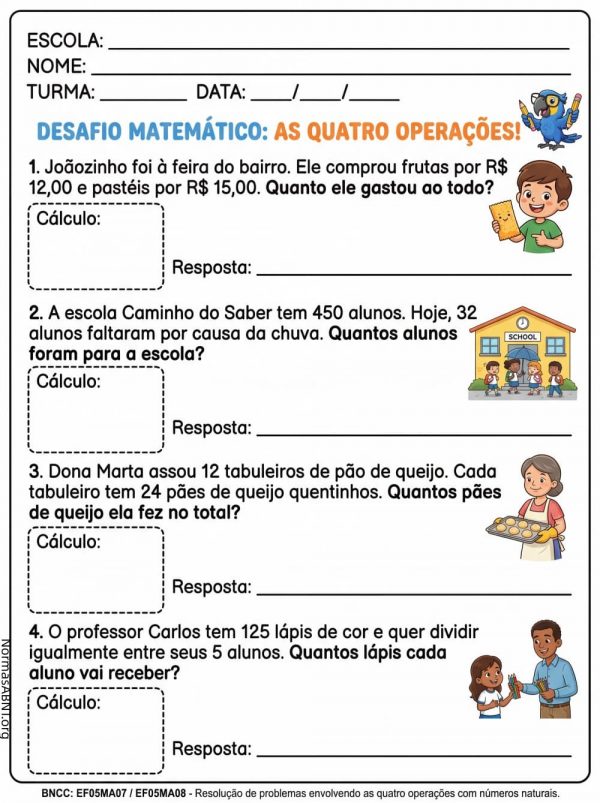 atividade 5º ano matemática com 4 probleminhas