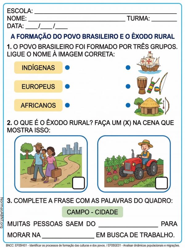 atividade de história para 5º ano do EF, povo brasileiro e o êxodo rural.