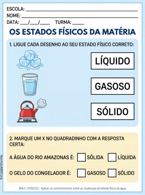 atividade: estados físicos da matéria, ciência do 5º ano EF