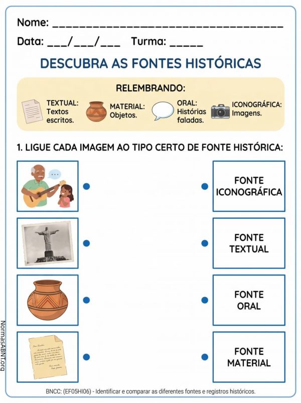 atividade para descobrir as fontes históricas para 5º ano do ensino fundamental