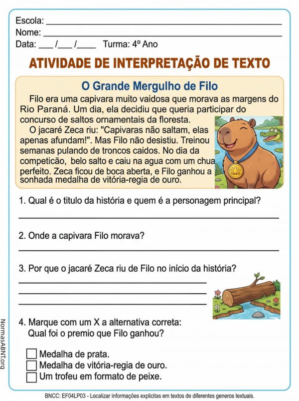 atividade de interpretação de texto para 4 ano EF, língua portuguesa