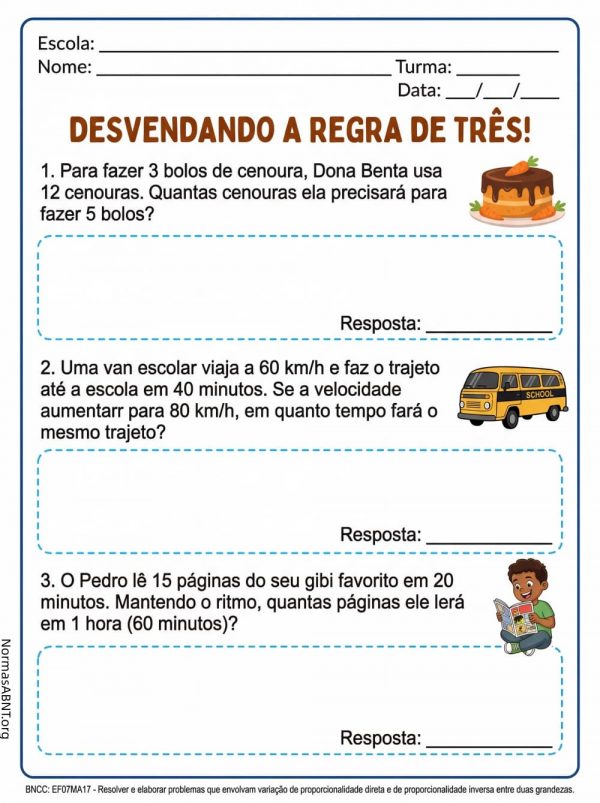 atividade com 3 probleminhas sobre regra de três