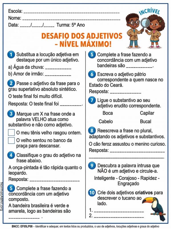 atividade da língua portuguesa sobre desafio dos adjetivos