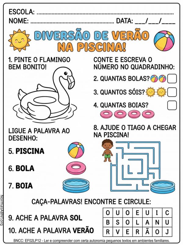 Atividade sobre diversão de verão na piscina