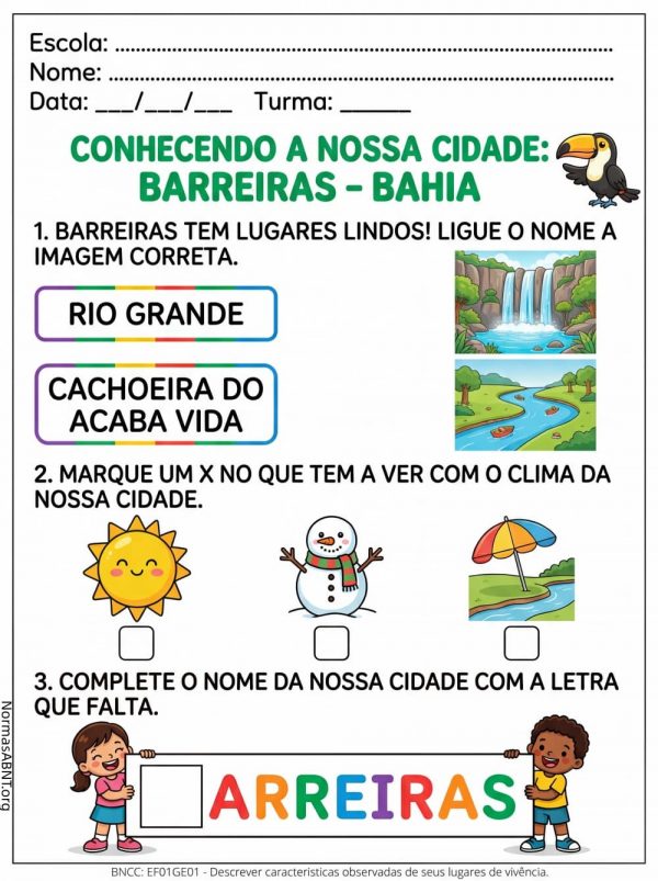 EF 1 ano, conhecer cidade barreiras - Bahia, atividade de geografia