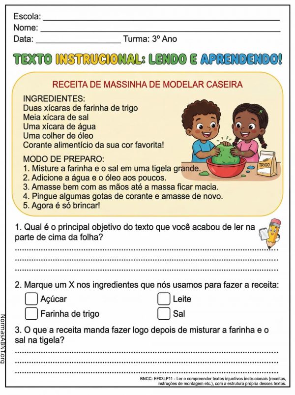 uma atividade sobre língua portuguesa leitura e aprender, para 3 ano do EF