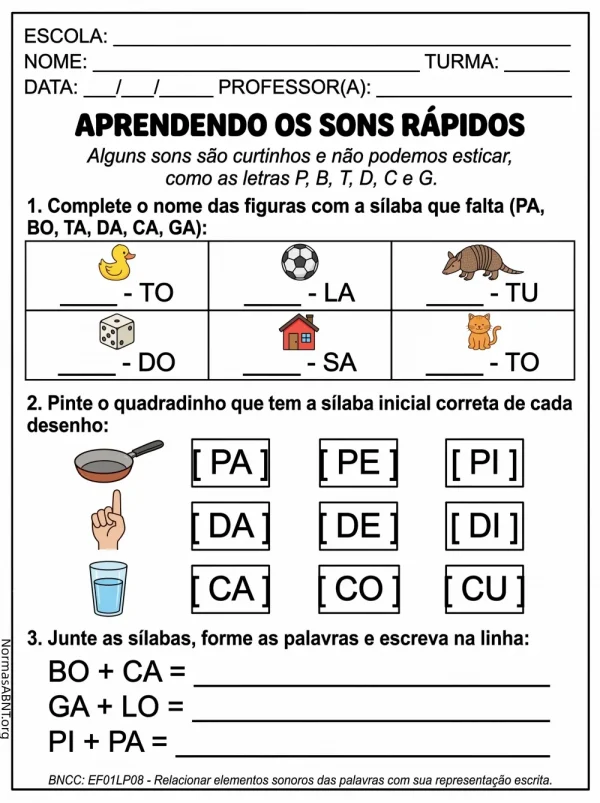 Atividade para aprender os sons P, B, T, D, C, G