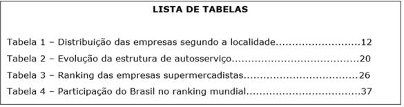 Lista de tabelas - Normas ABNT