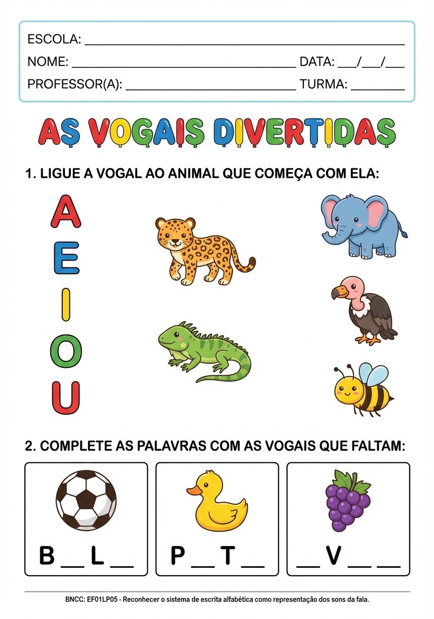 atividades sobre as vogais com letras e ilustrações coloridas - folha 2