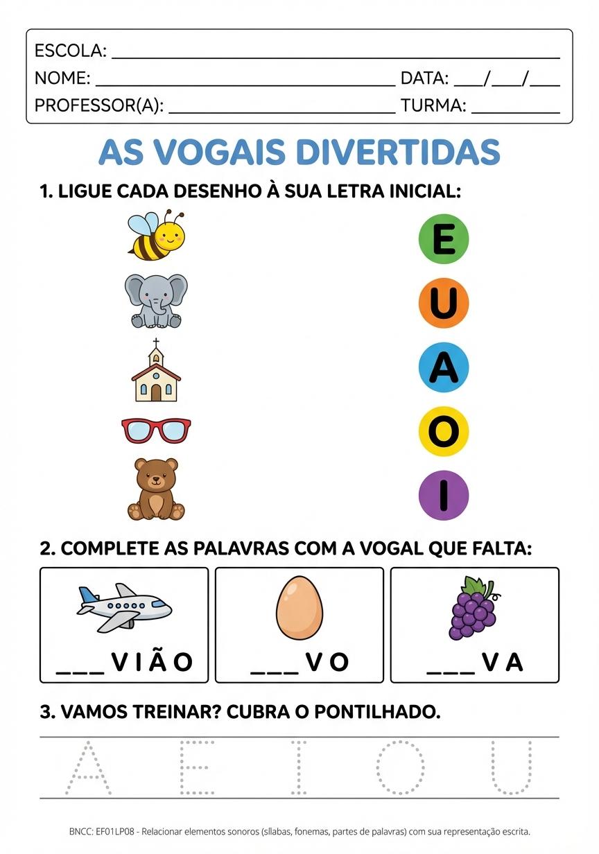 atividades sobre as vogais com letras e ilustrações coloridas - folha 3