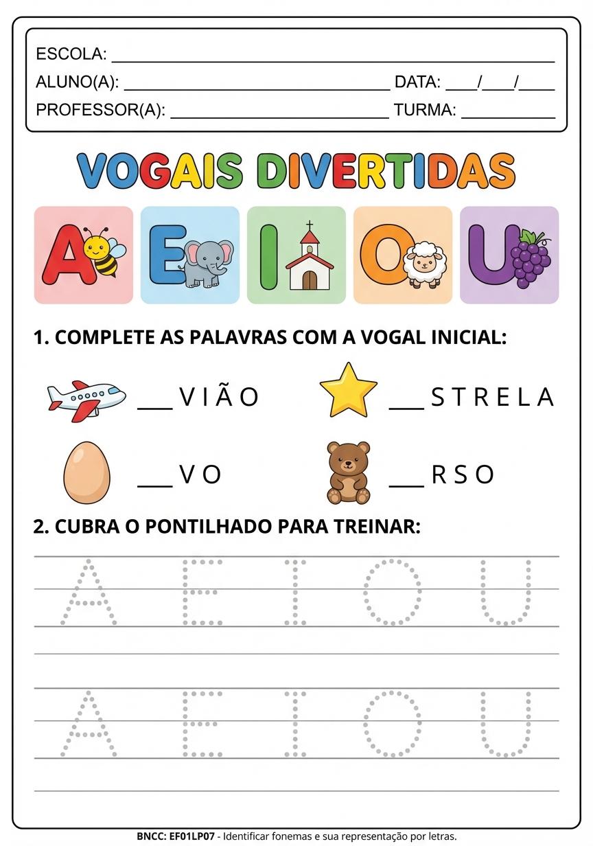 atividades sobre as vogais com letras e ilustrações coloridas - folha 4