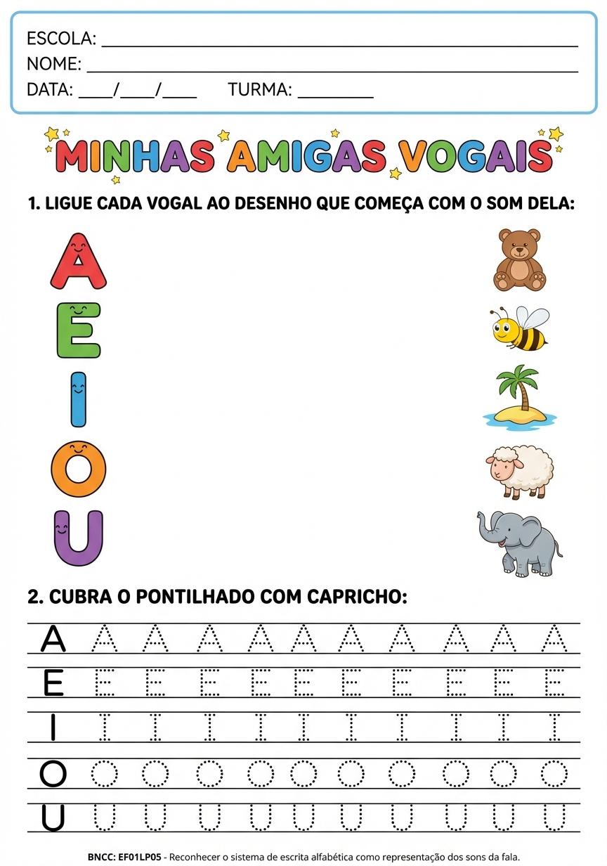 atividades sobre as vogais com letras e ilustrações coloridas - folha 5