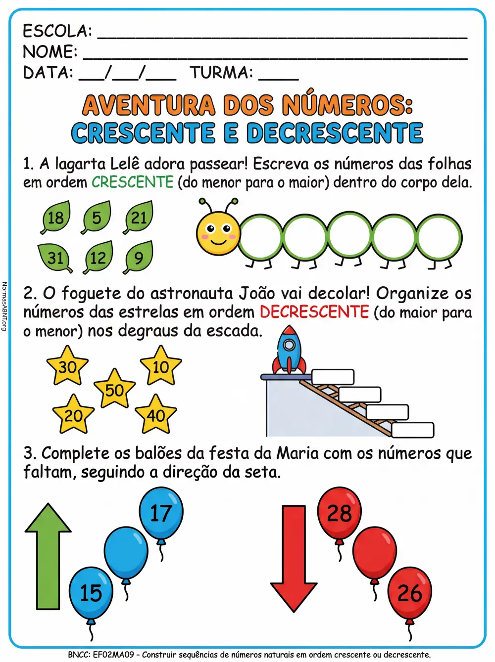 atividade 3: aventura dos números, ordem crescente e decrescente