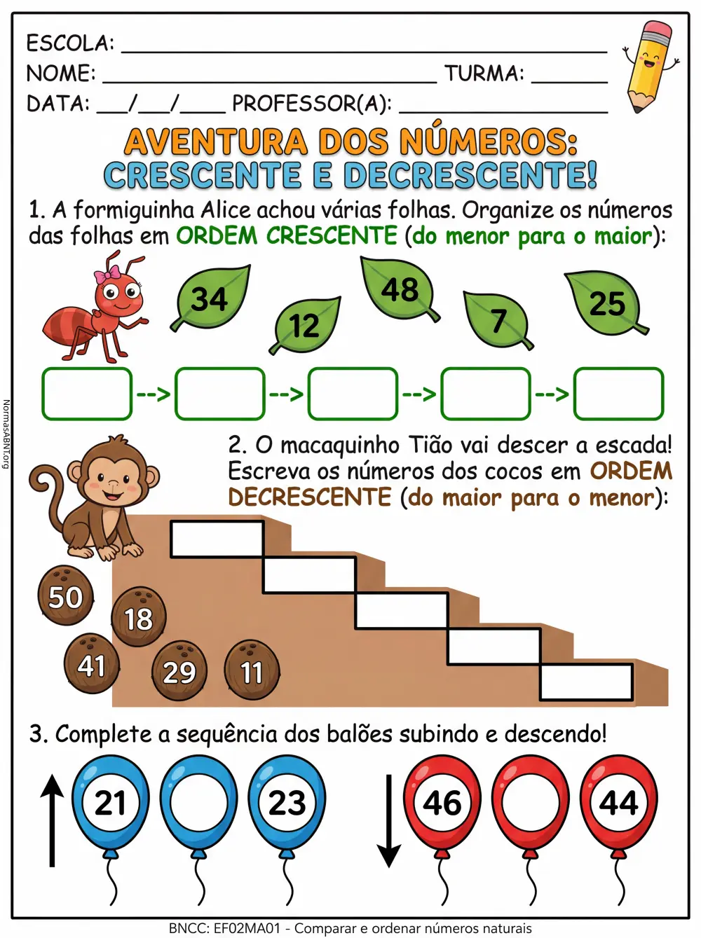 atividade 4: aventura dos números, ordem crescente e decrescente números até 50, lúdica