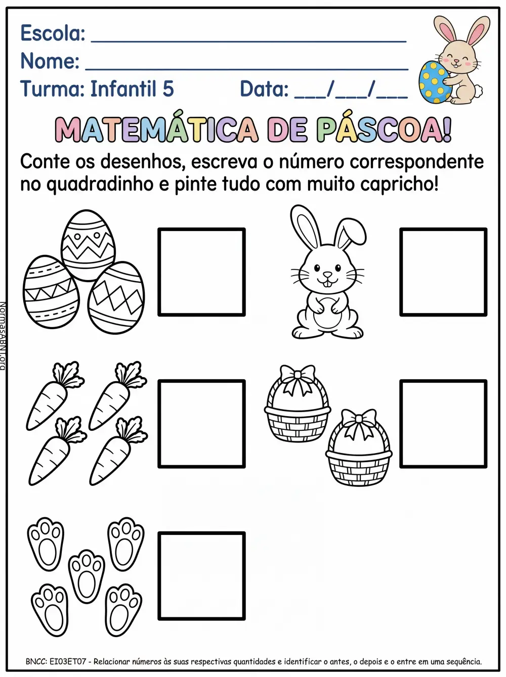 folha 3: contar números de tema páscoa