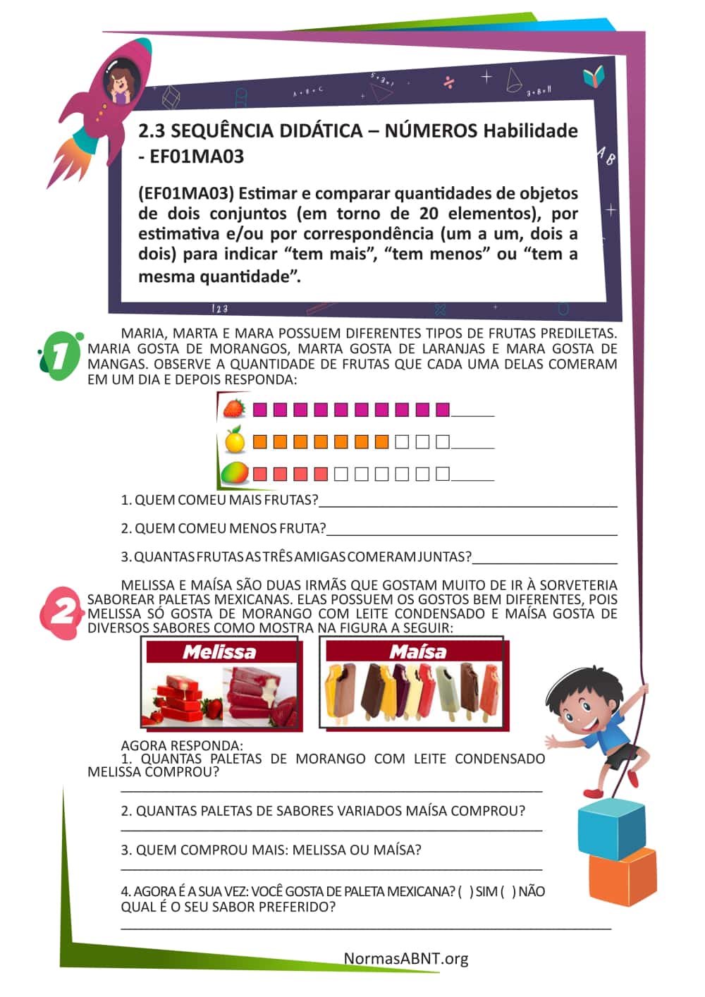 atividades sobre SEQUÊNCIA DIDÁTICA – NÚMEROS EF01MA03 - folha 1