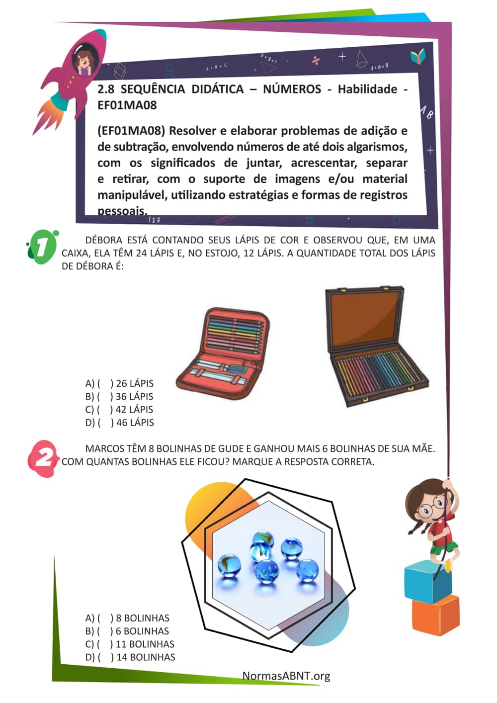 atividades Resolver e elaborar problemas de adição e de subtração, envolvendo números de até dois algarismos - folha 1