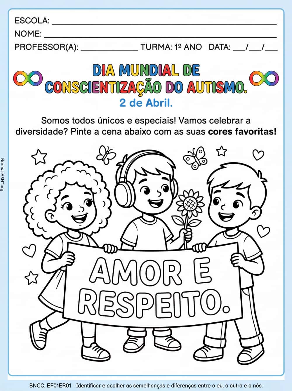 atividade de desenho para dia do autismo, três crianças com bandeira amor e respeito