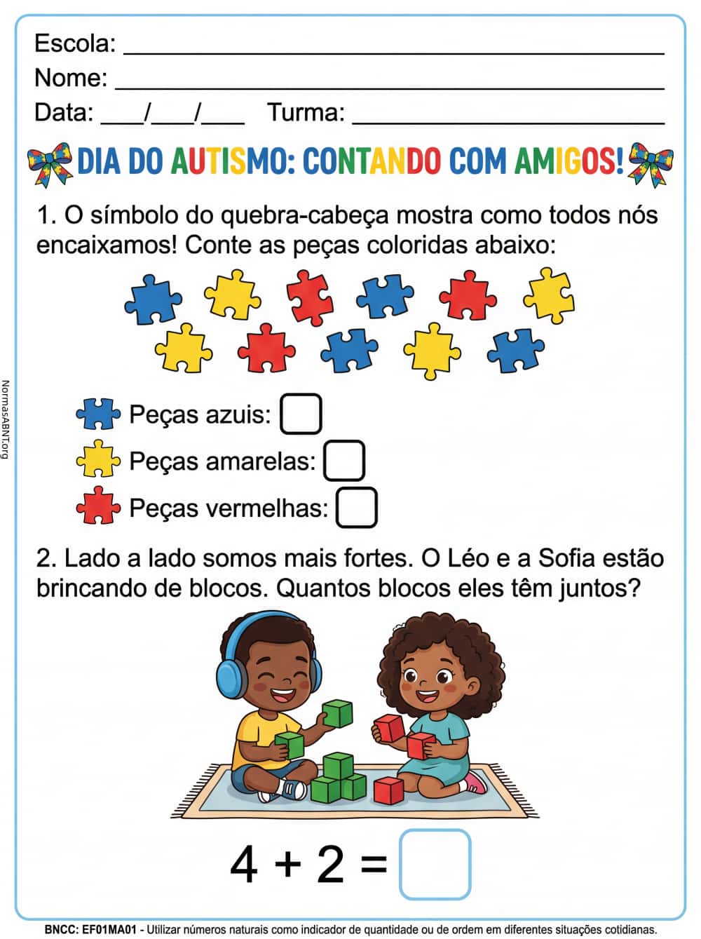 atividade de matemática para autismo, matemática de 1 ano EF