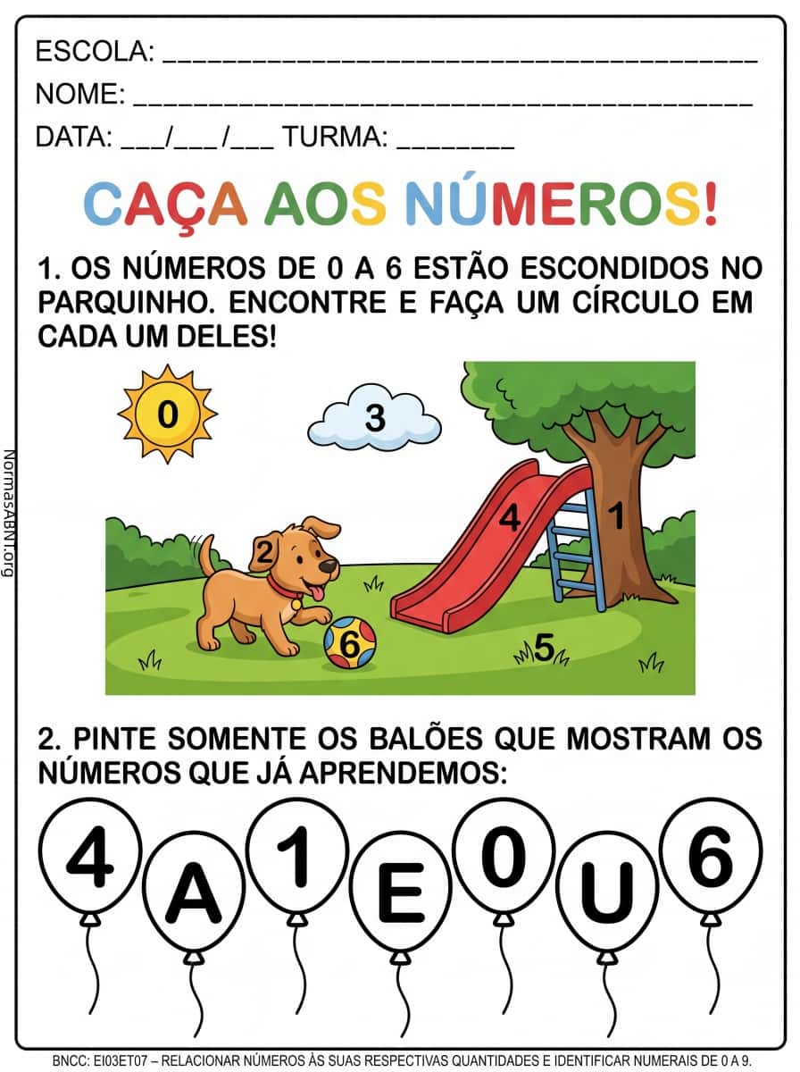 Atividades sobre número 1 a 6, para educação infantil