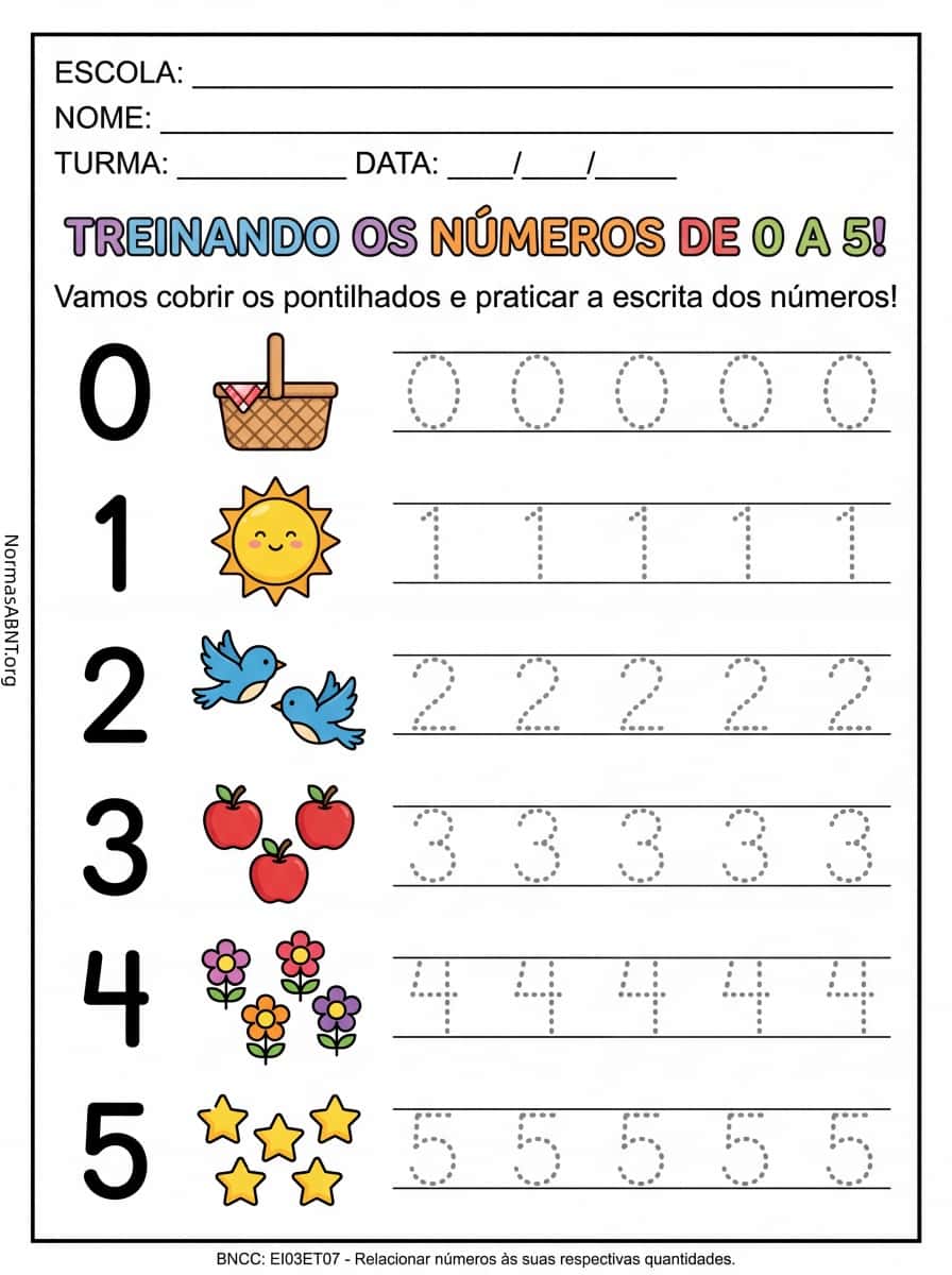 relacionar números às suas respectivas quantidades e traçar letras e outros sinais gráficos em espaço em branco e linha, números pontilhados